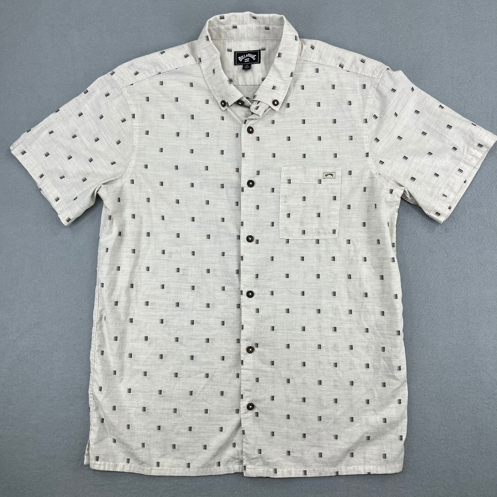 Billabong Mens Short Sleeve Button Up Shirt Beige Geometric Textured Size Small